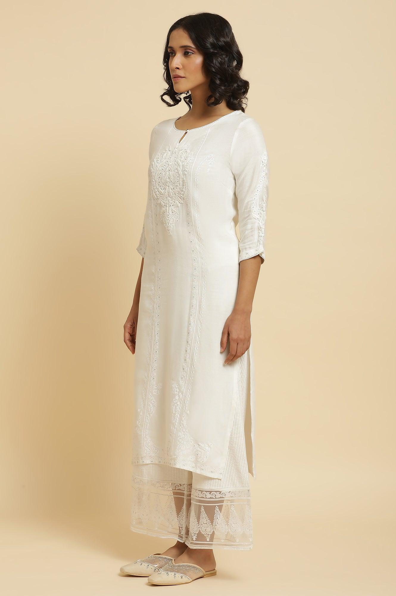 Ecru Embroidered Kurta &amp; Parallel Pants Set - wforwoman