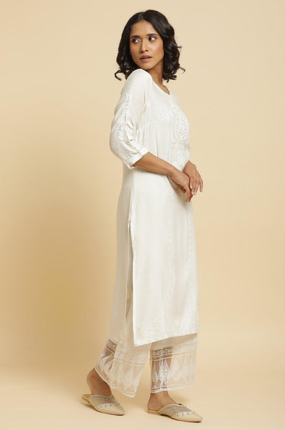 Ecru Embroidered Kurta &amp; Parallel Pants Set - wforwoman