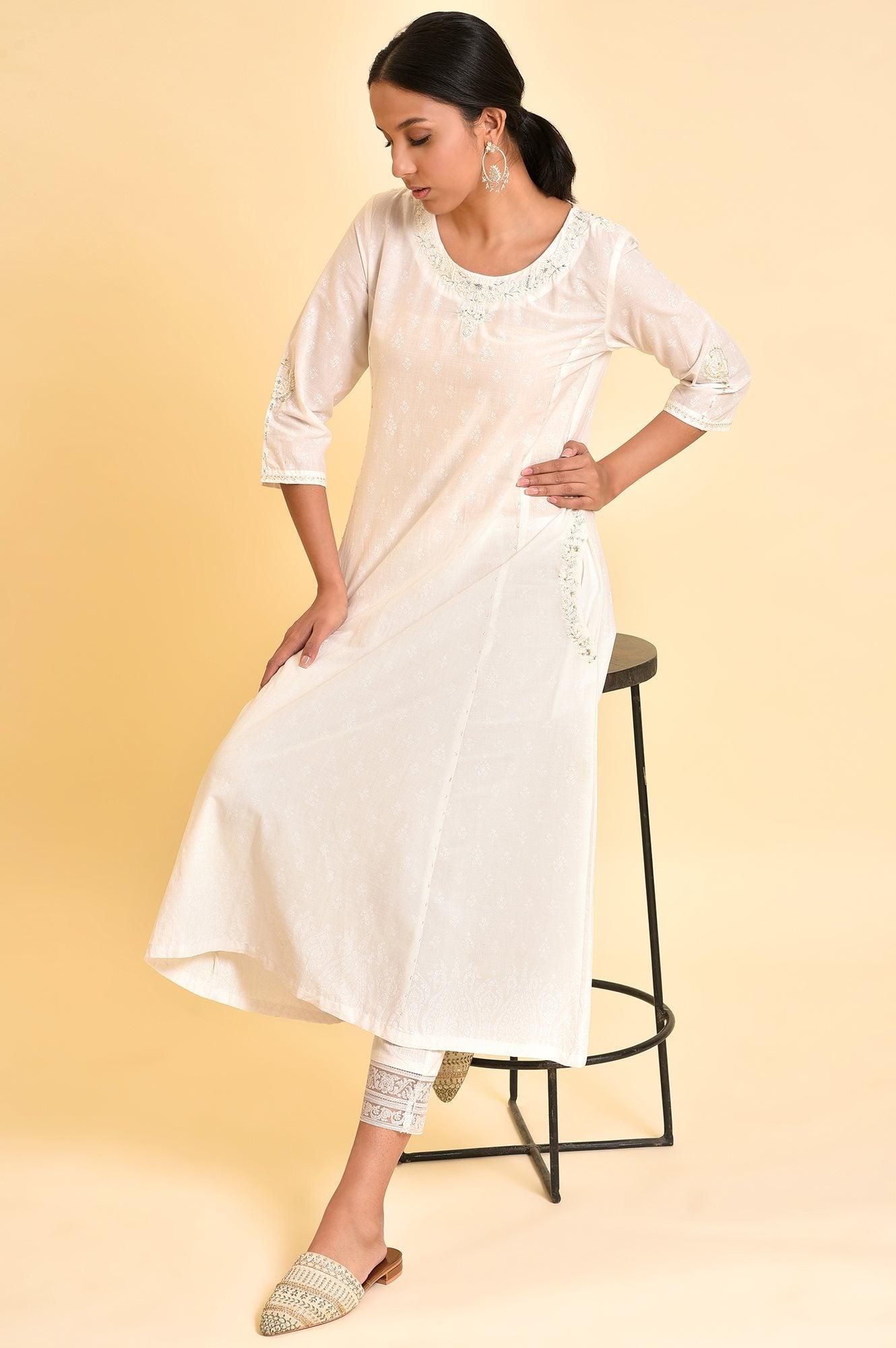 Ecru Embroidered Kurta And Slim Pants - wforwoman