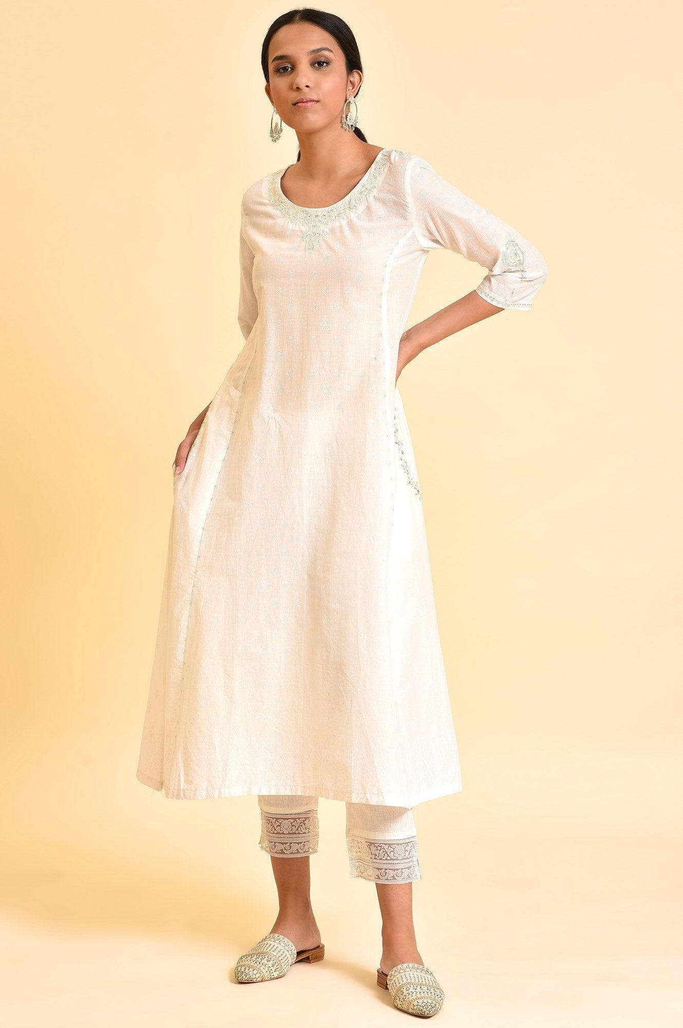 Ecru Embroidered Kurta And Slim Pants - wforwoman