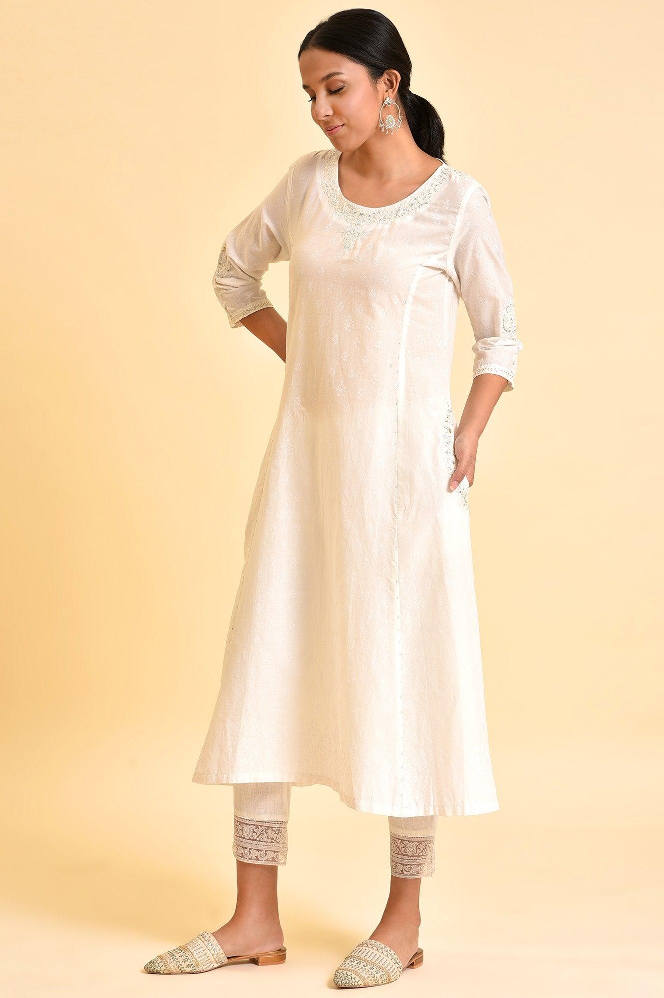 Ecru Embroidered Kurta And Slim Pants - wforwoman