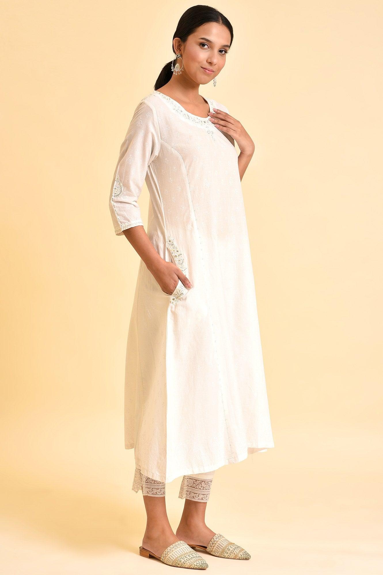 Ecru Embroidered Kurta And Slim Pants - wforwoman