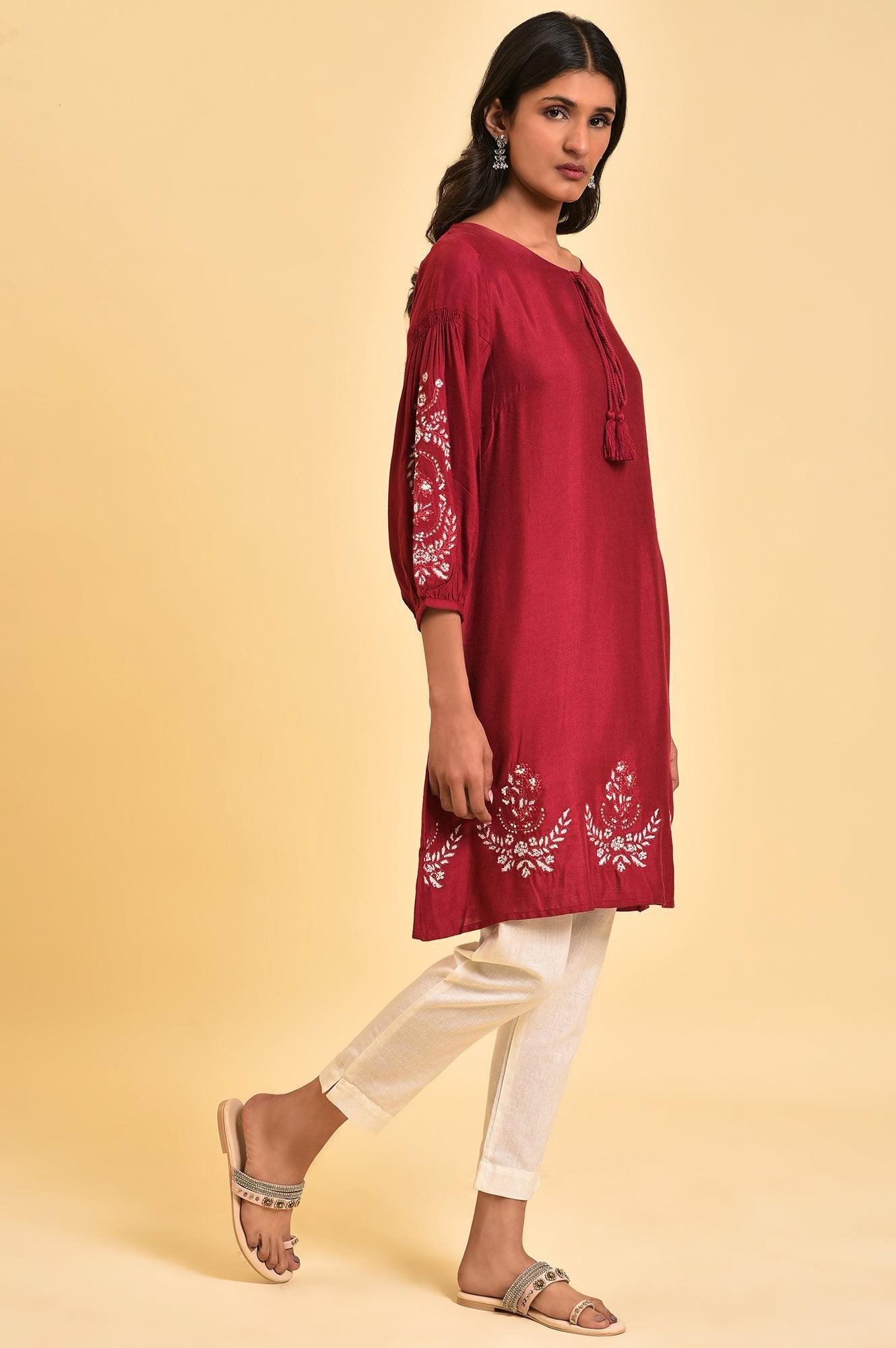 Red Embroidered Dress &amp; Pants Set - wforwoman