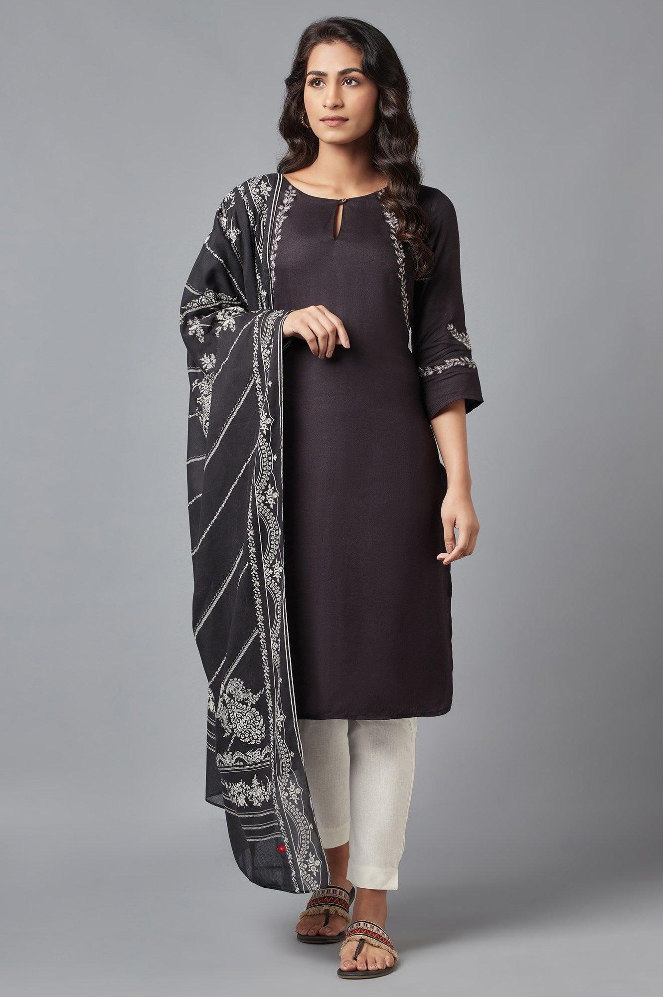 Black Embroidered kurta with Slim Pants and Dupatta - wforwoman