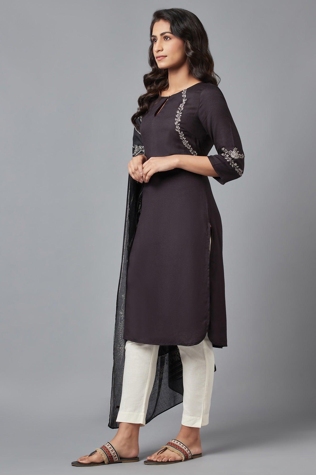 Black Embroidered kurta with Slim Pants and Dupatta - wforwoman