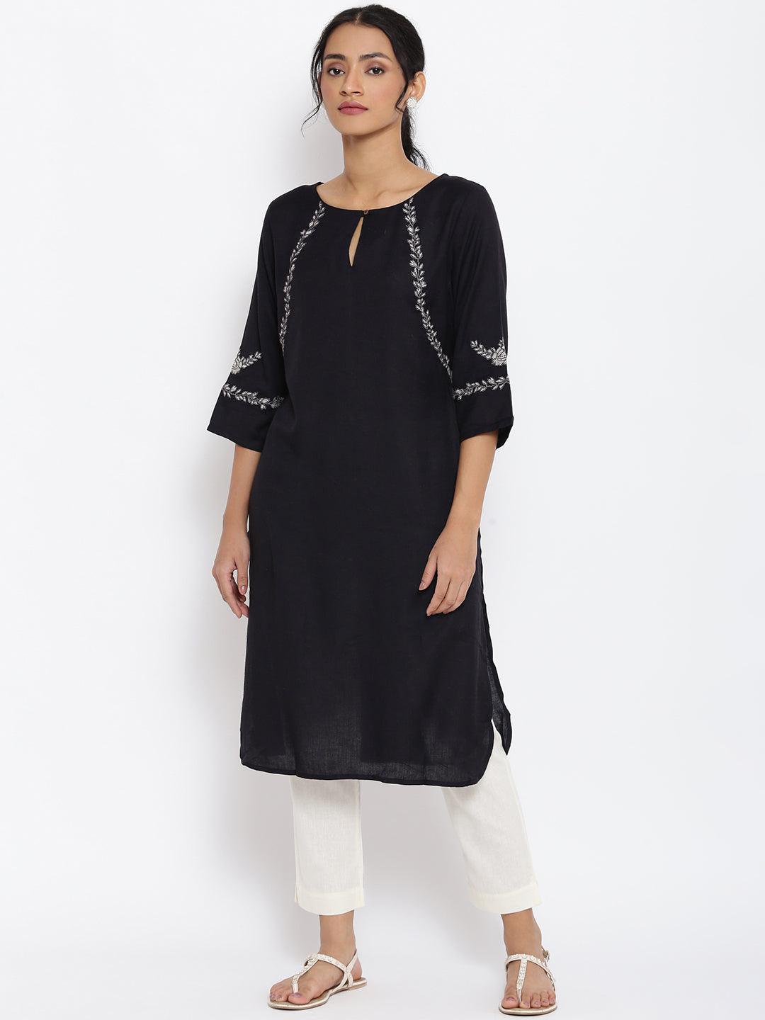 Black Embroidered kurta &amp; Pants Set - wforwoman