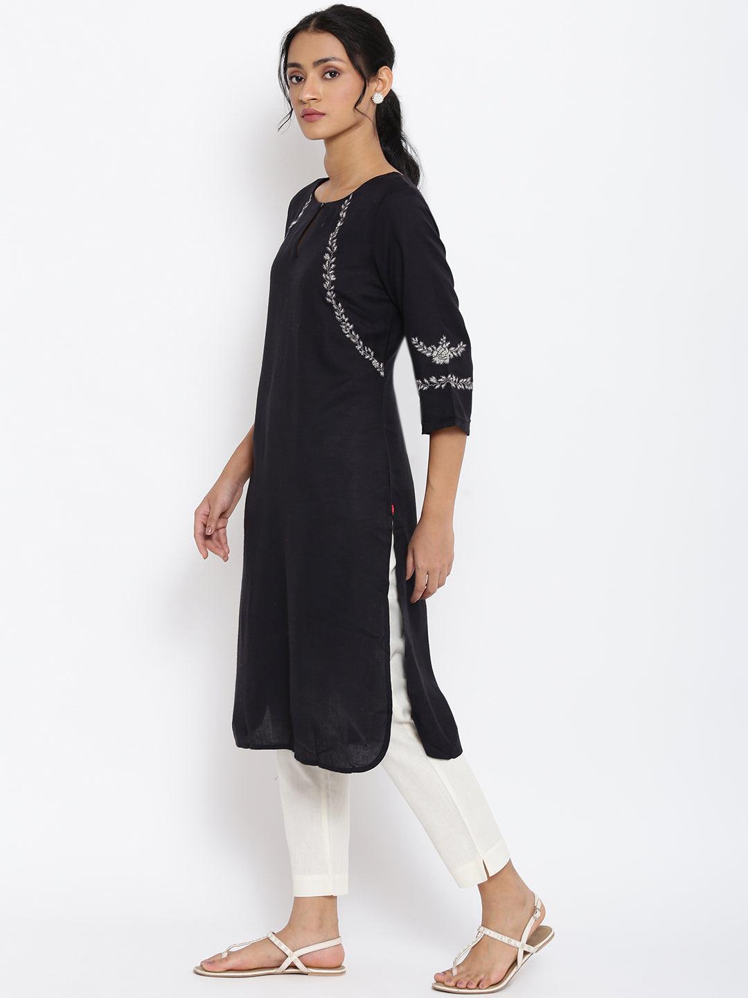 Black Embroidered kurta &amp; Pants Set - wforwoman