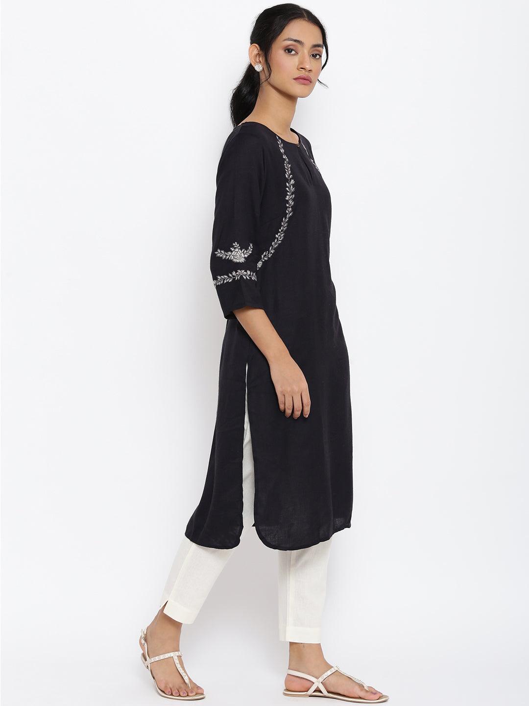 Black Embroidered kurta &amp; Pants Set - wforwoman