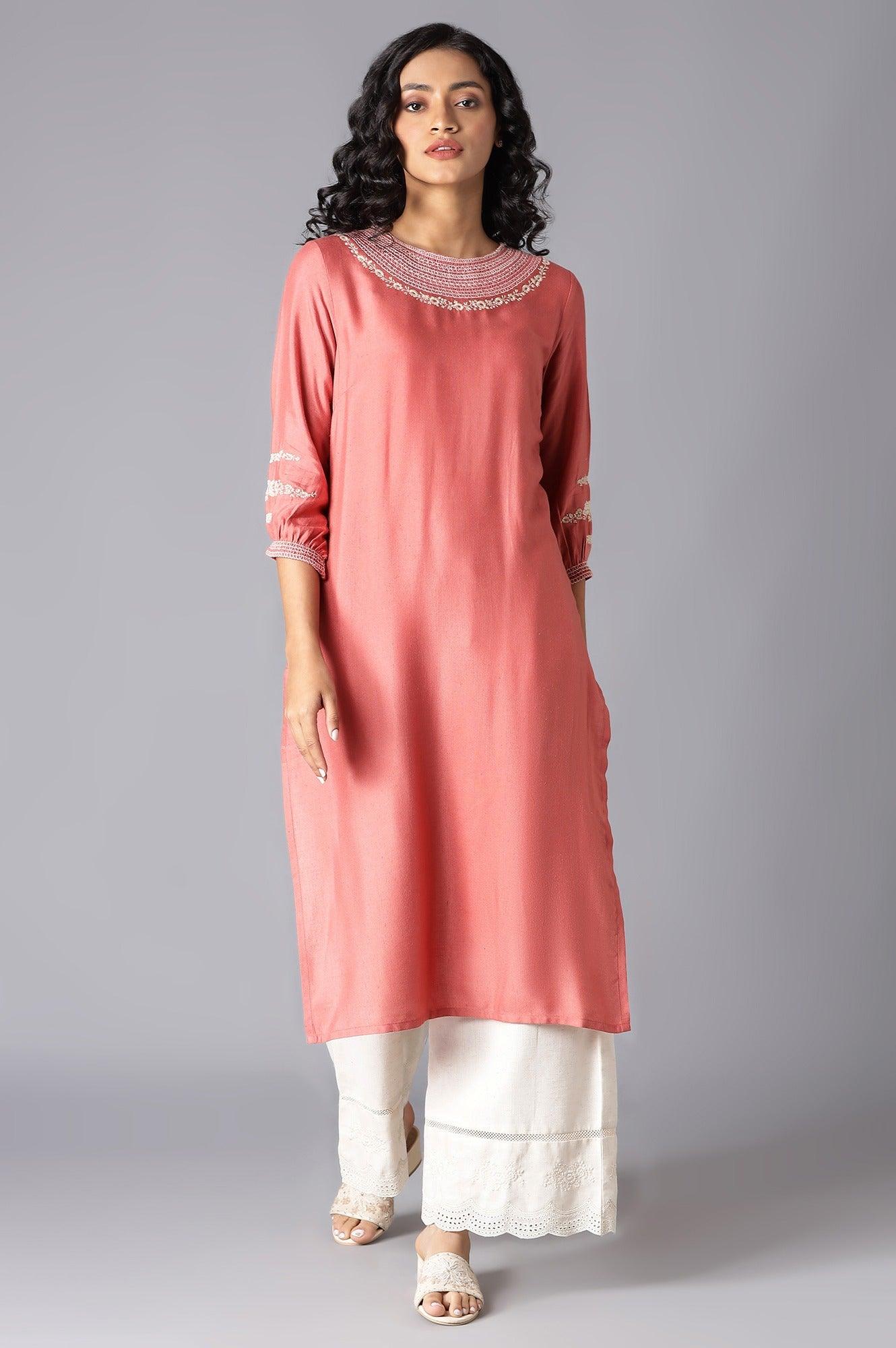 Pink Embroidered kurta &amp; Parallel Pants Set - wforwoman