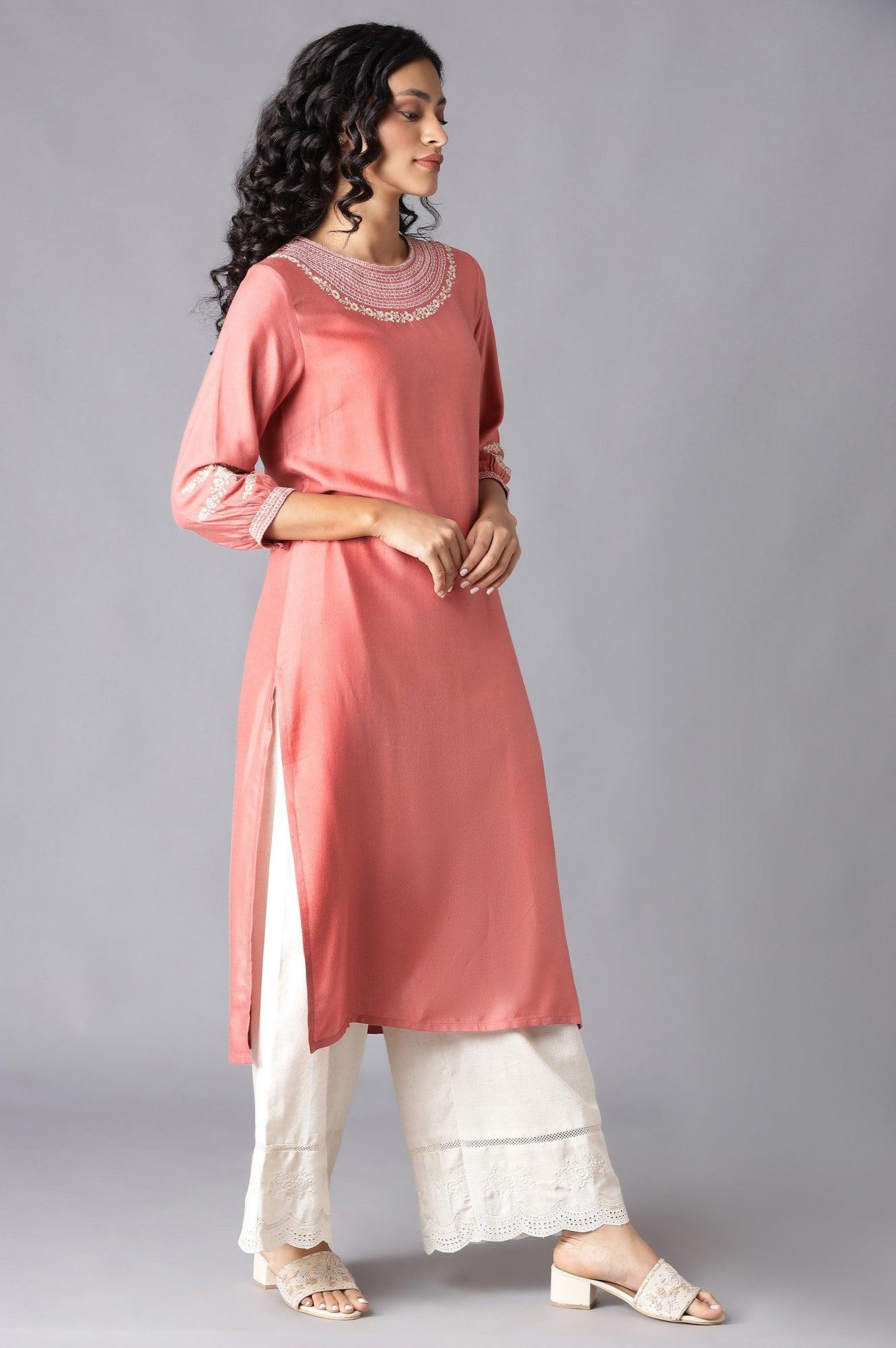 Pink Embroidered kurta &amp; Parallel Pants Set - wforwoman