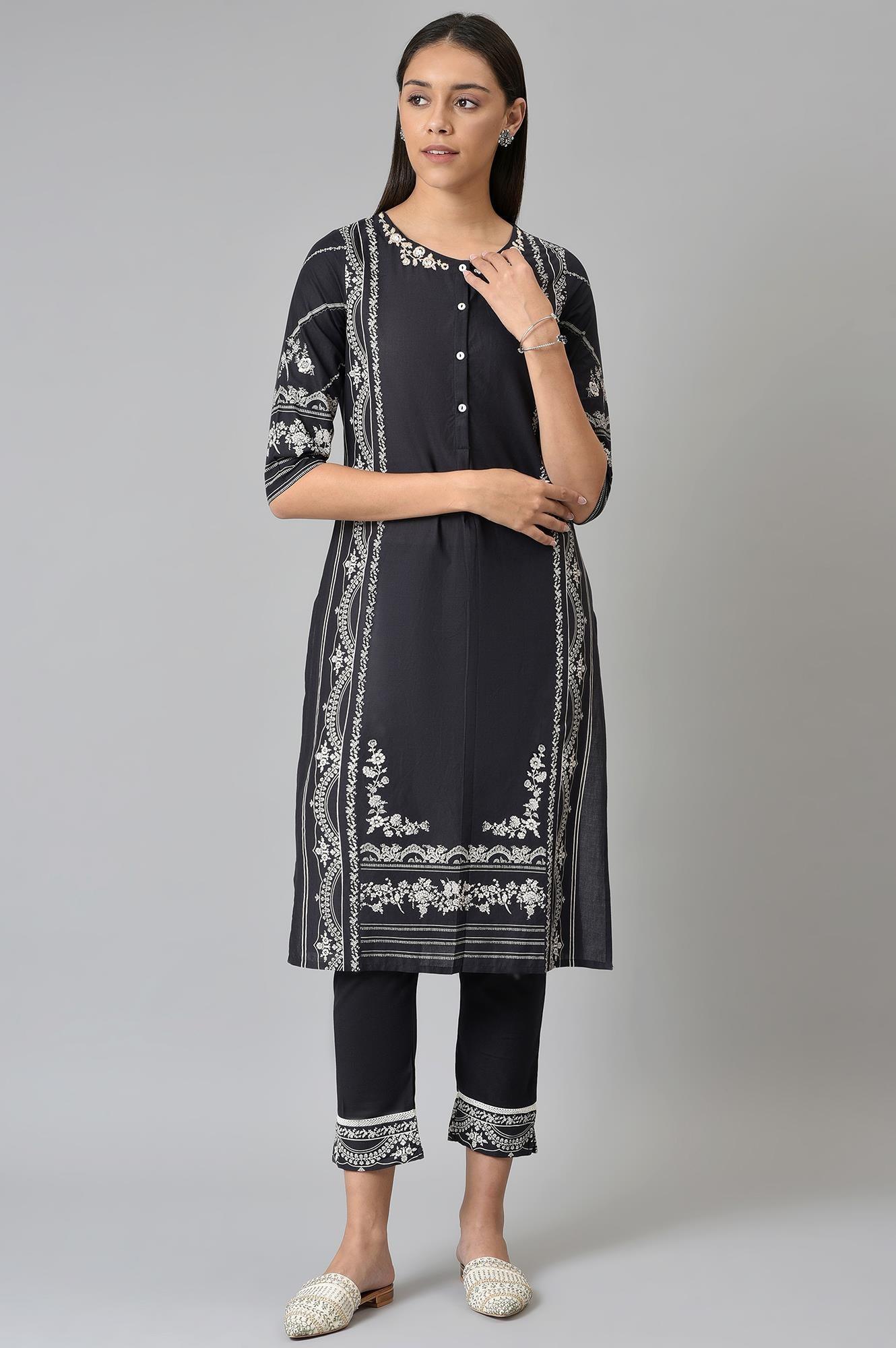 Black Floral Printed kurta With Parallel Pants - wforwoman