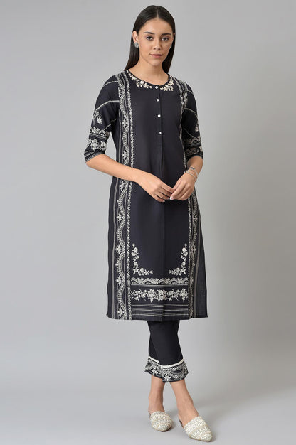Black Floral Printed kurta With Parallel Pants - wforwoman