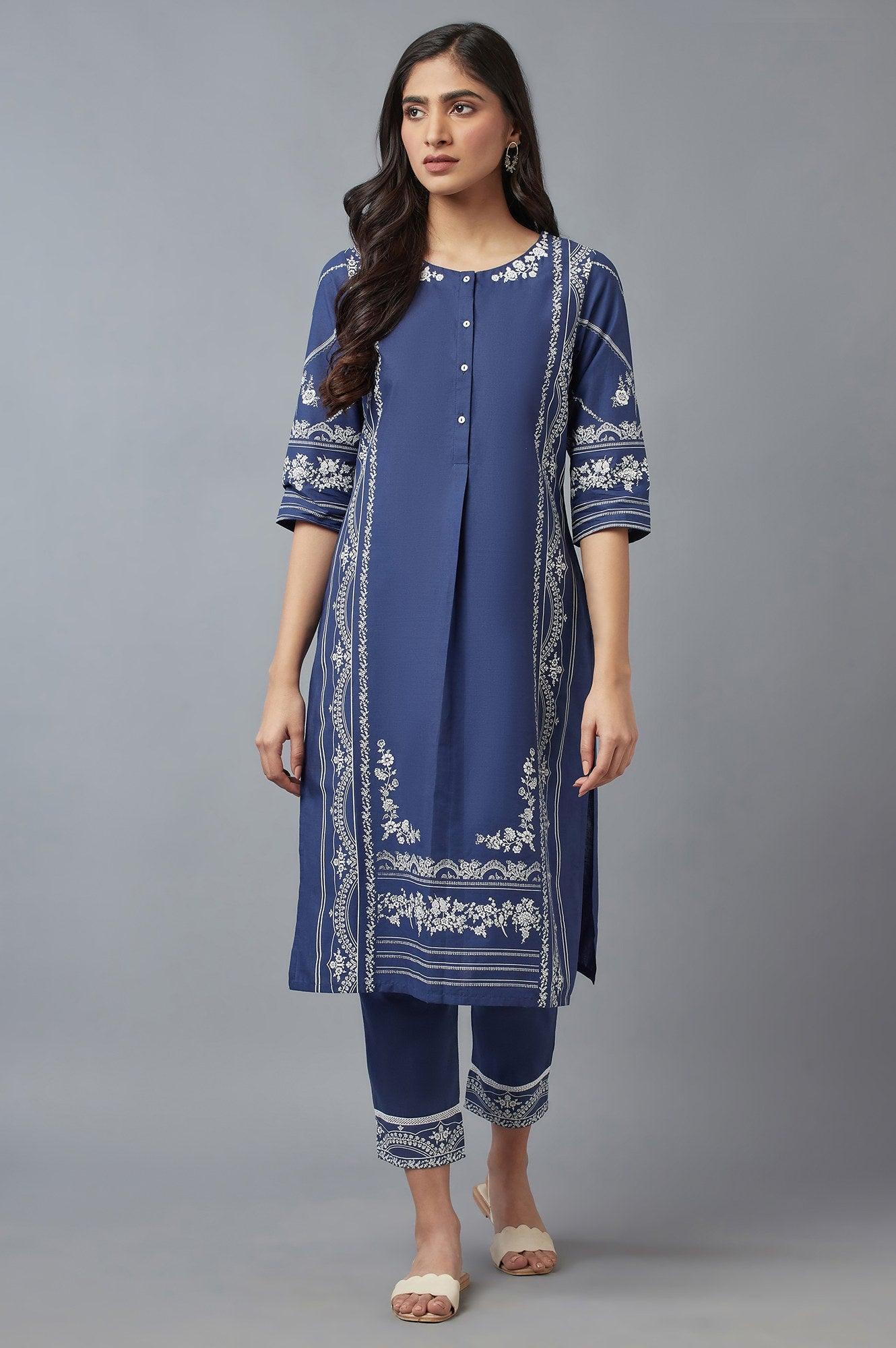 Navy Blue Floral Printed kurta with Parallel Pants - wforwoman