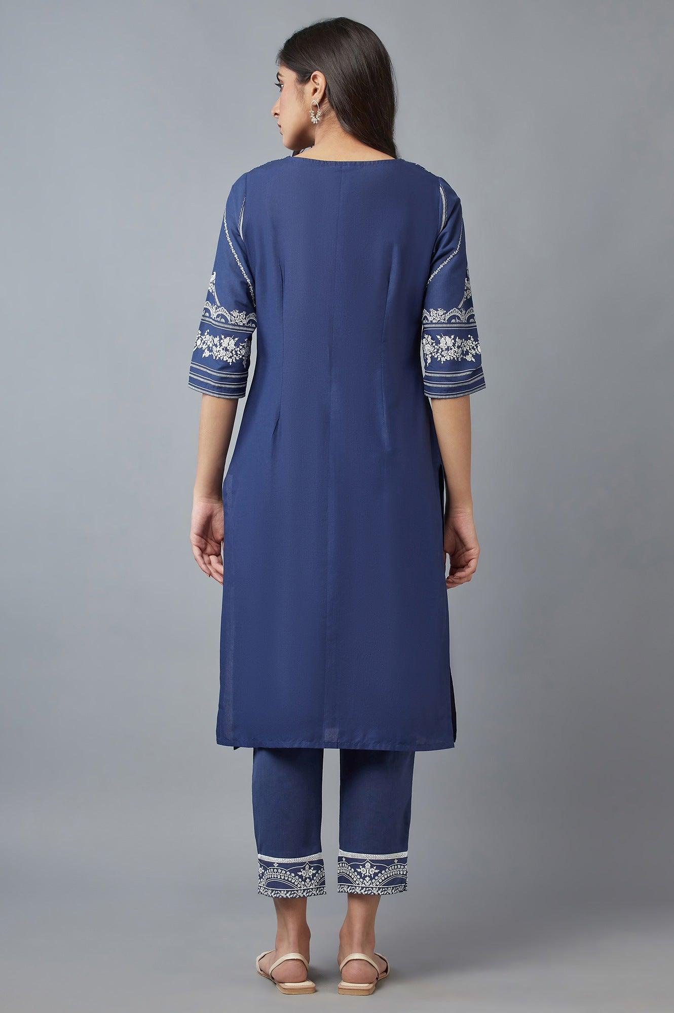 Navy Blue Floral Printed kurta with Parallel Pants - wforwoman