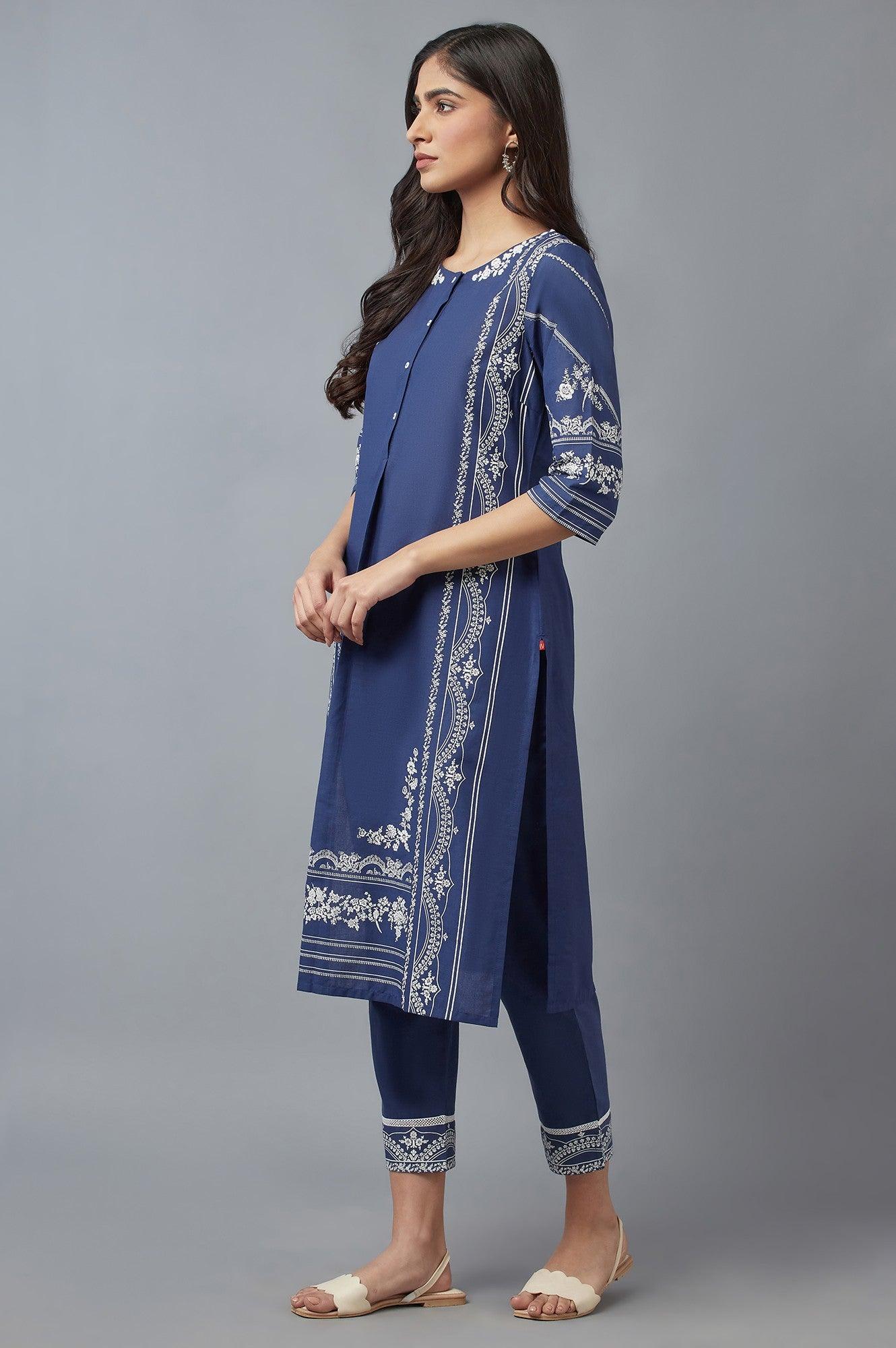 Navy Blue Floral Printed kurta with Parallel Pants - wforwoman