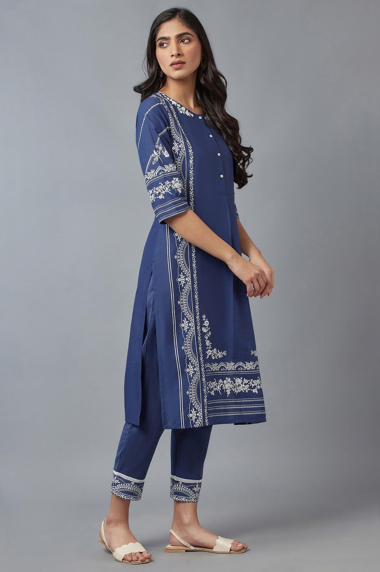 Navy Blue Floral Printed kurta with Parallel Pants - wforwoman