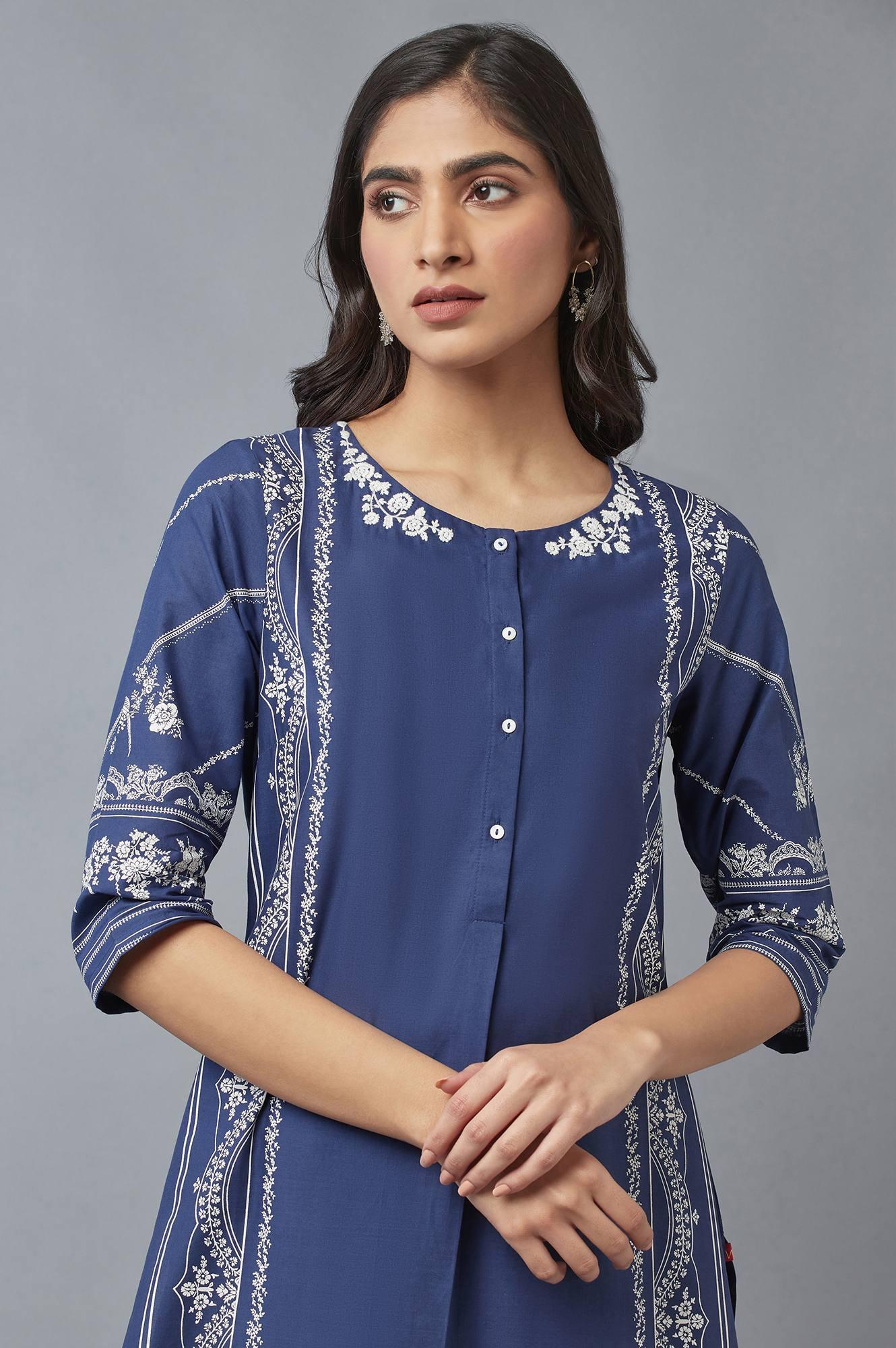 Navy Blue Floral Printed kurta with Parallel Pants - wforwoman