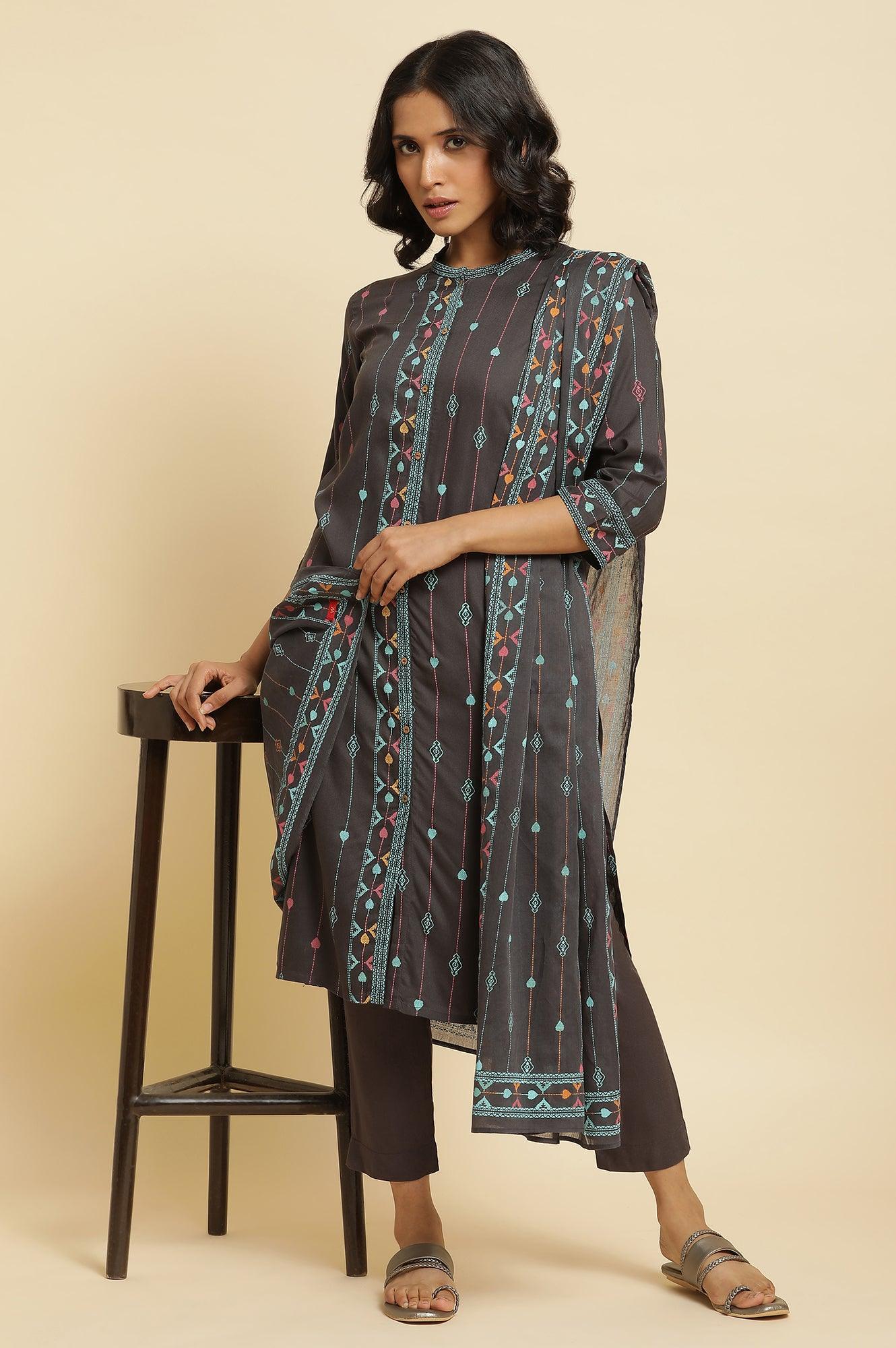 Grey Printed Kurta, Pants &amp; Dupatta Set - wforwoman