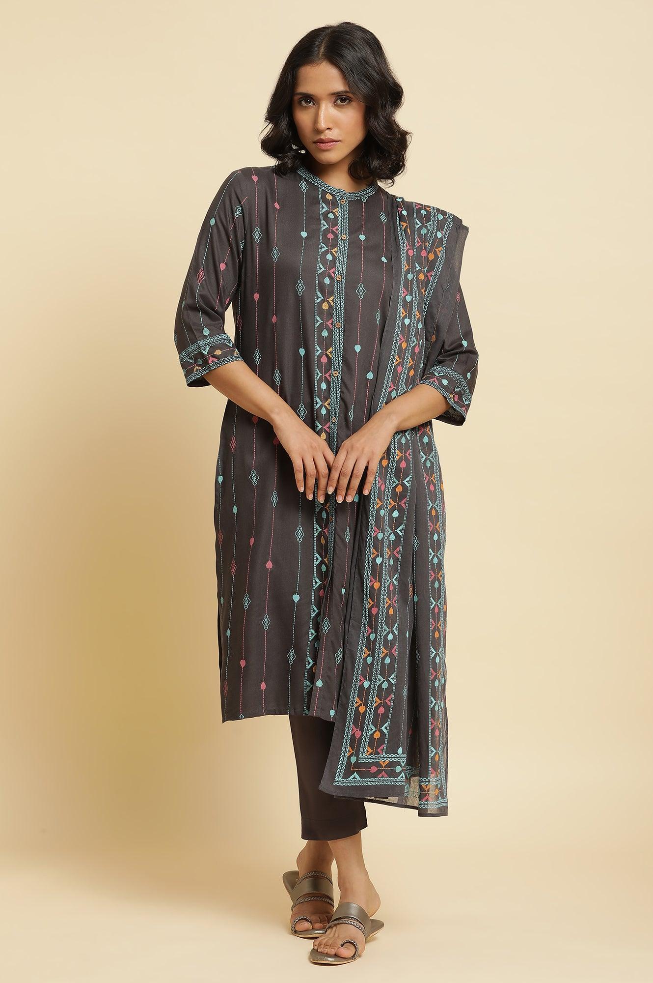 Grey Printed Kurta, Pants &amp; Dupatta Set - wforwoman