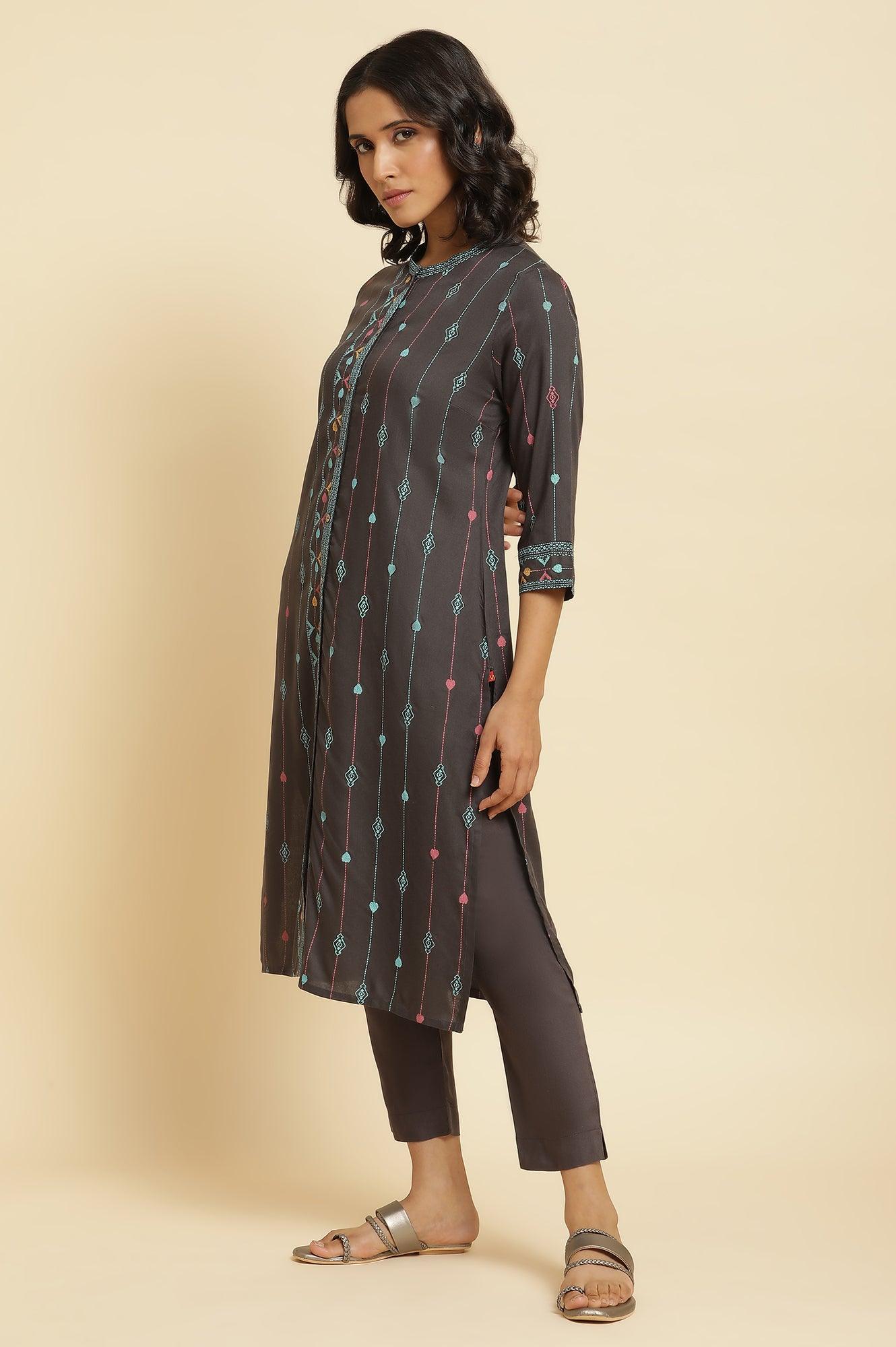 Grey Printed Kurta, Pants &amp; Dupatta Set - wforwoman