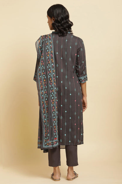 Grey Printed Kurta, Pants &amp; Dupatta Set - wforwoman