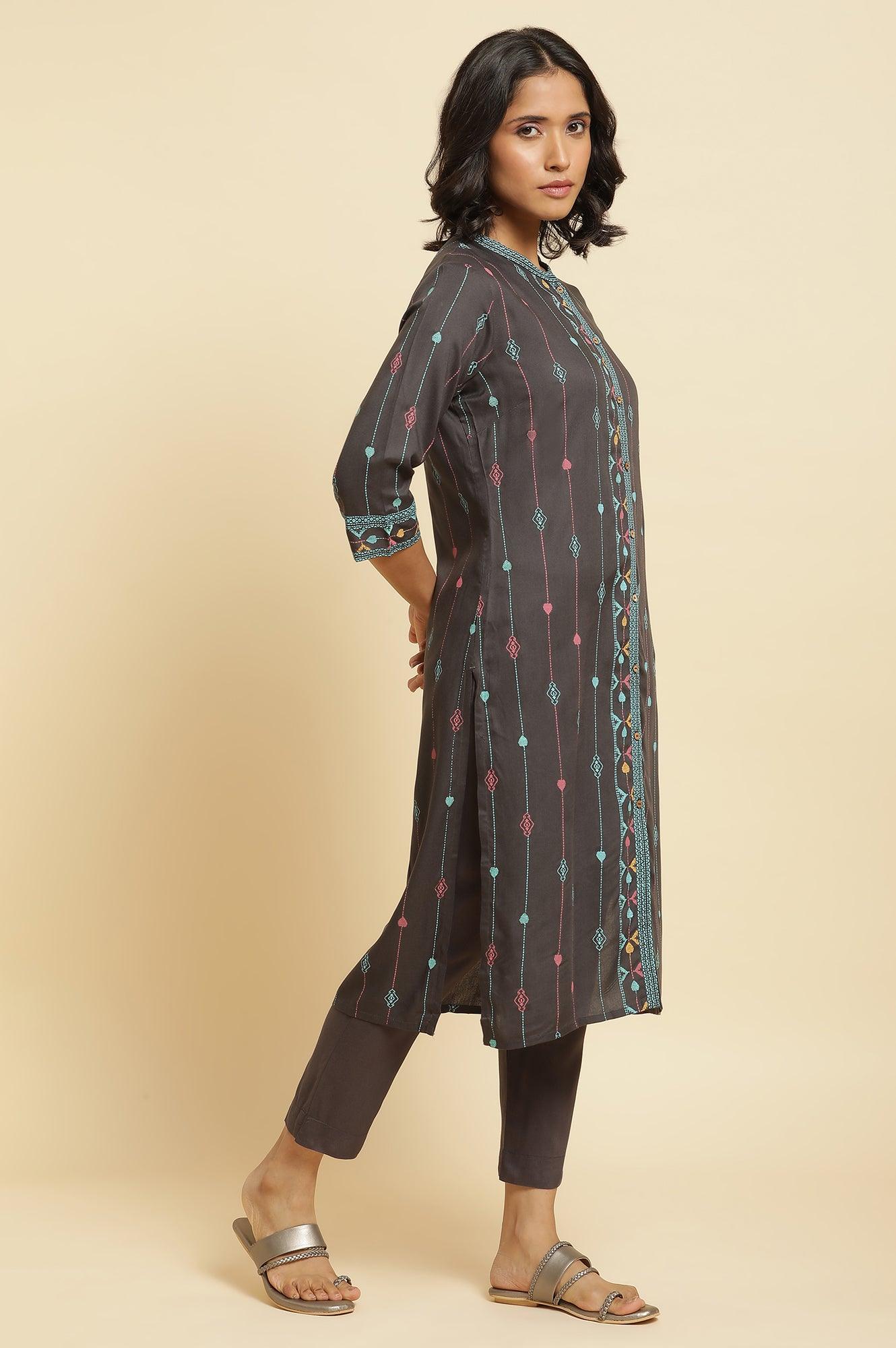 Grey Printed Kurta, Pants &amp; Dupatta Set - wforwoman