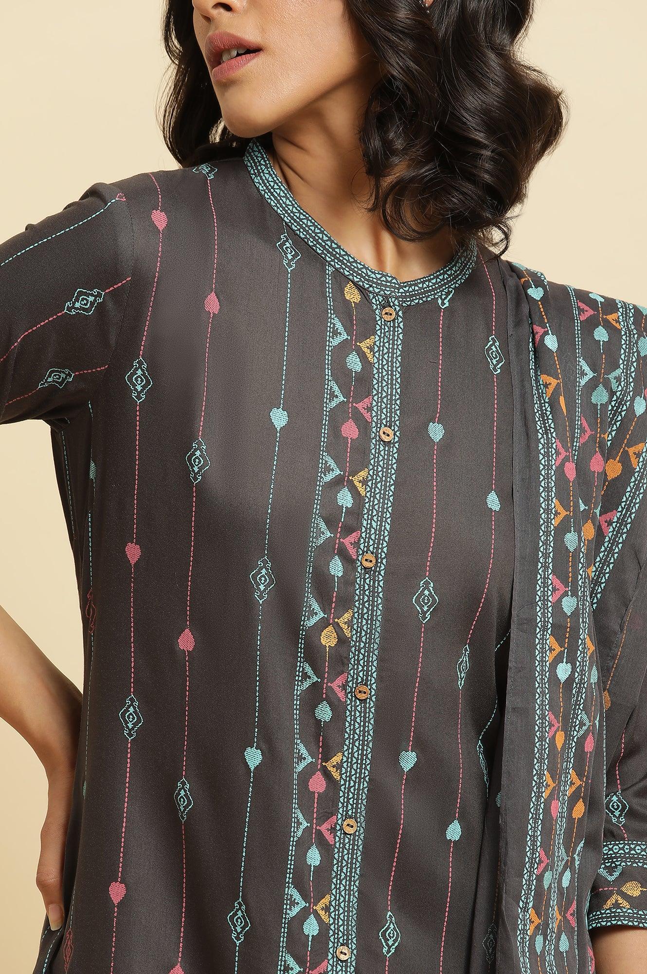 Grey Printed Kurta, Pants &amp; Dupatta Set - wforwoman