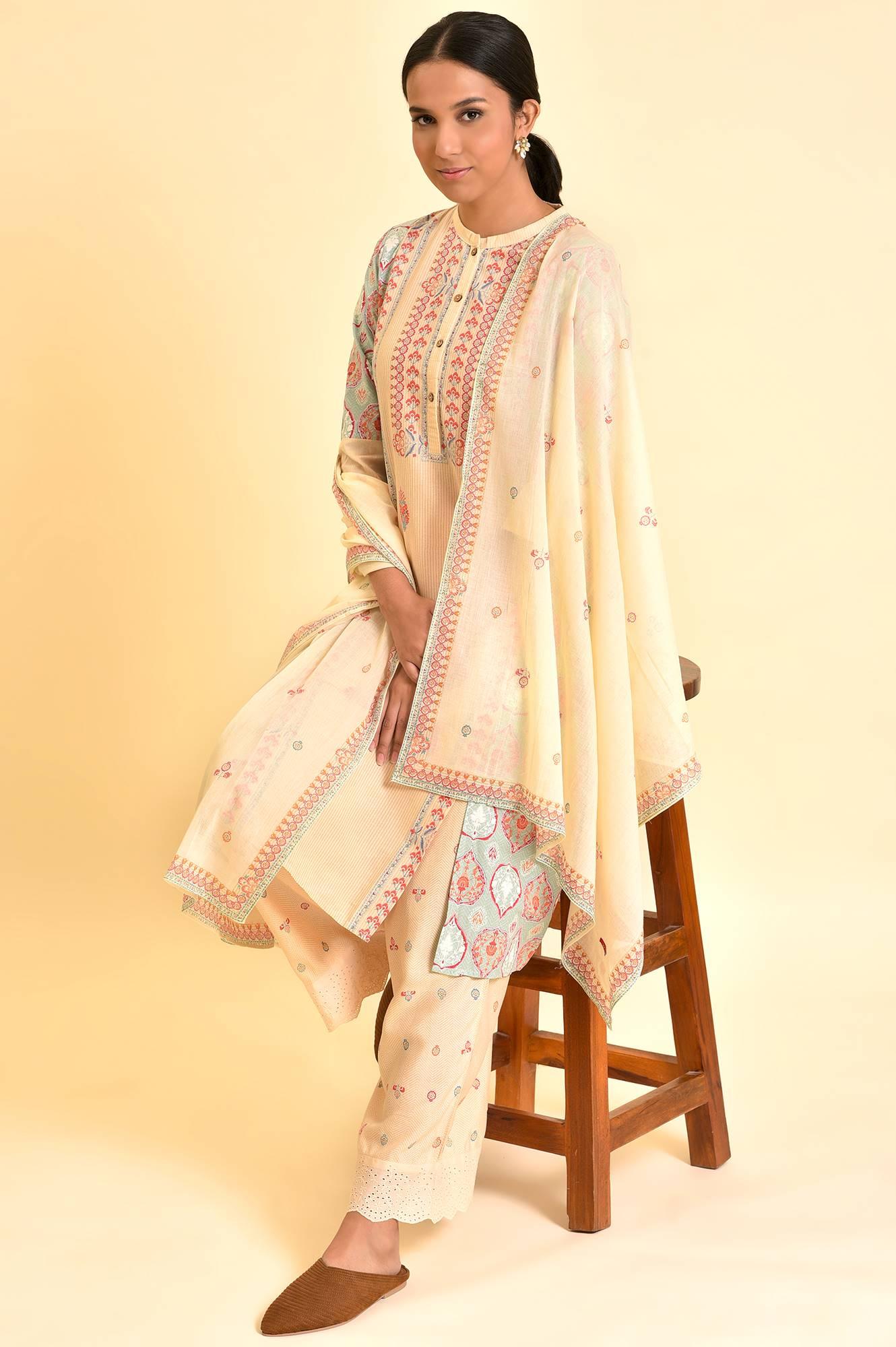 Ecru Printed Kurta, Parallel Pants And Dupatta Set - wforwoman