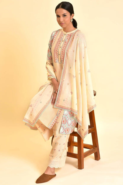 Ecru Printed Kurta, Parallel Pants And Dupatta Set - wforwoman