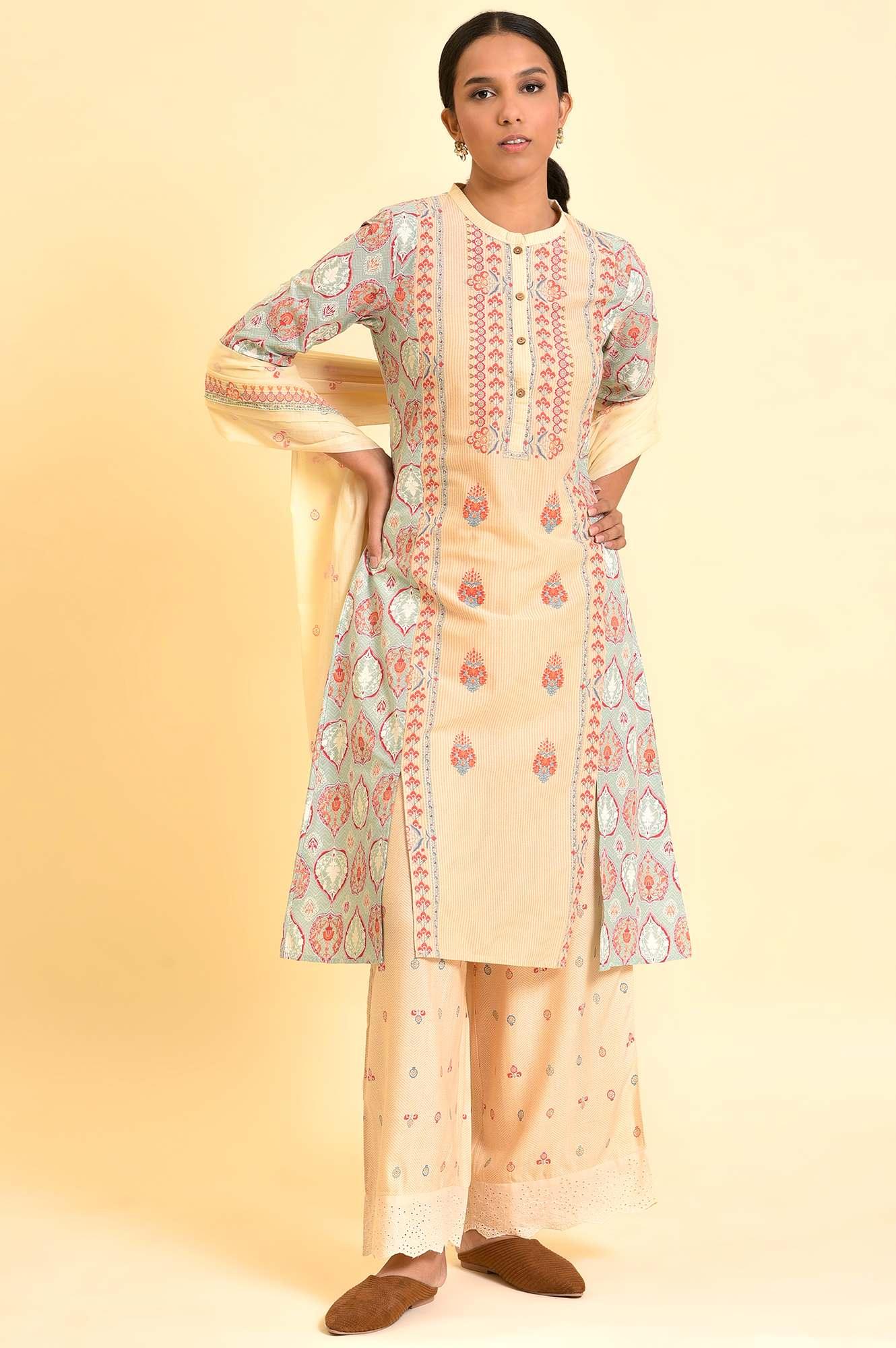 Ecru Printed Kurta, Parallel Pants And Dupatta Set - wforwoman