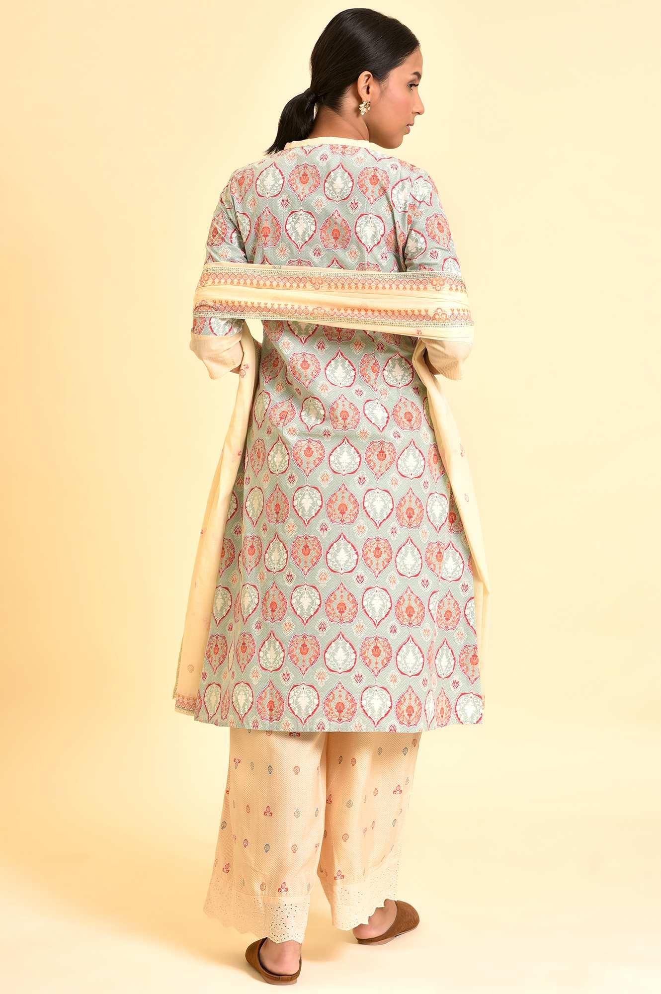 Ecru Printed Kurta, Parallel Pants And Dupatta Set - wforwoman