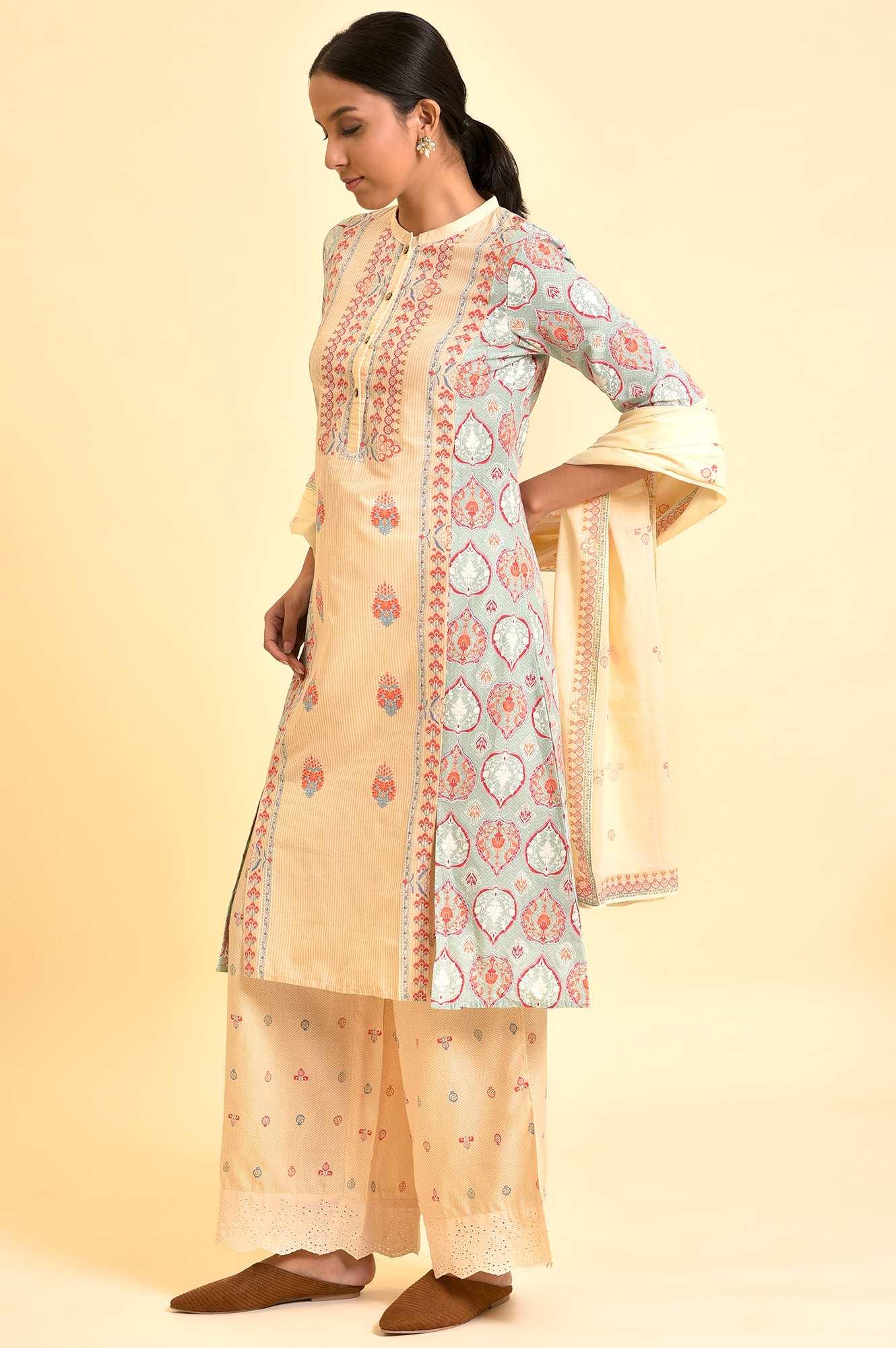 Ecru Printed Kurta, Parallel Pants And Dupatta Set - wforwoman