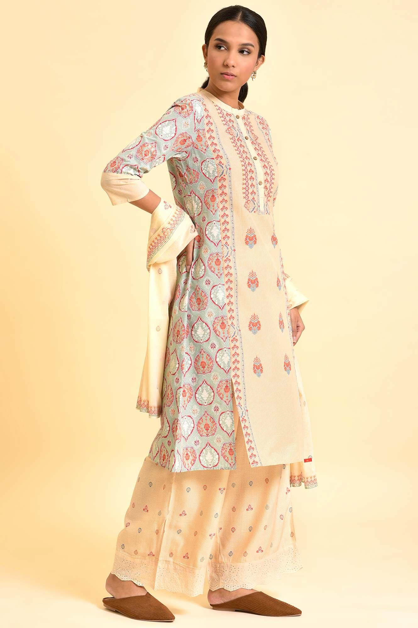 Ecru Printed Kurta, Parallel Pants And Dupatta Set - wforwoman