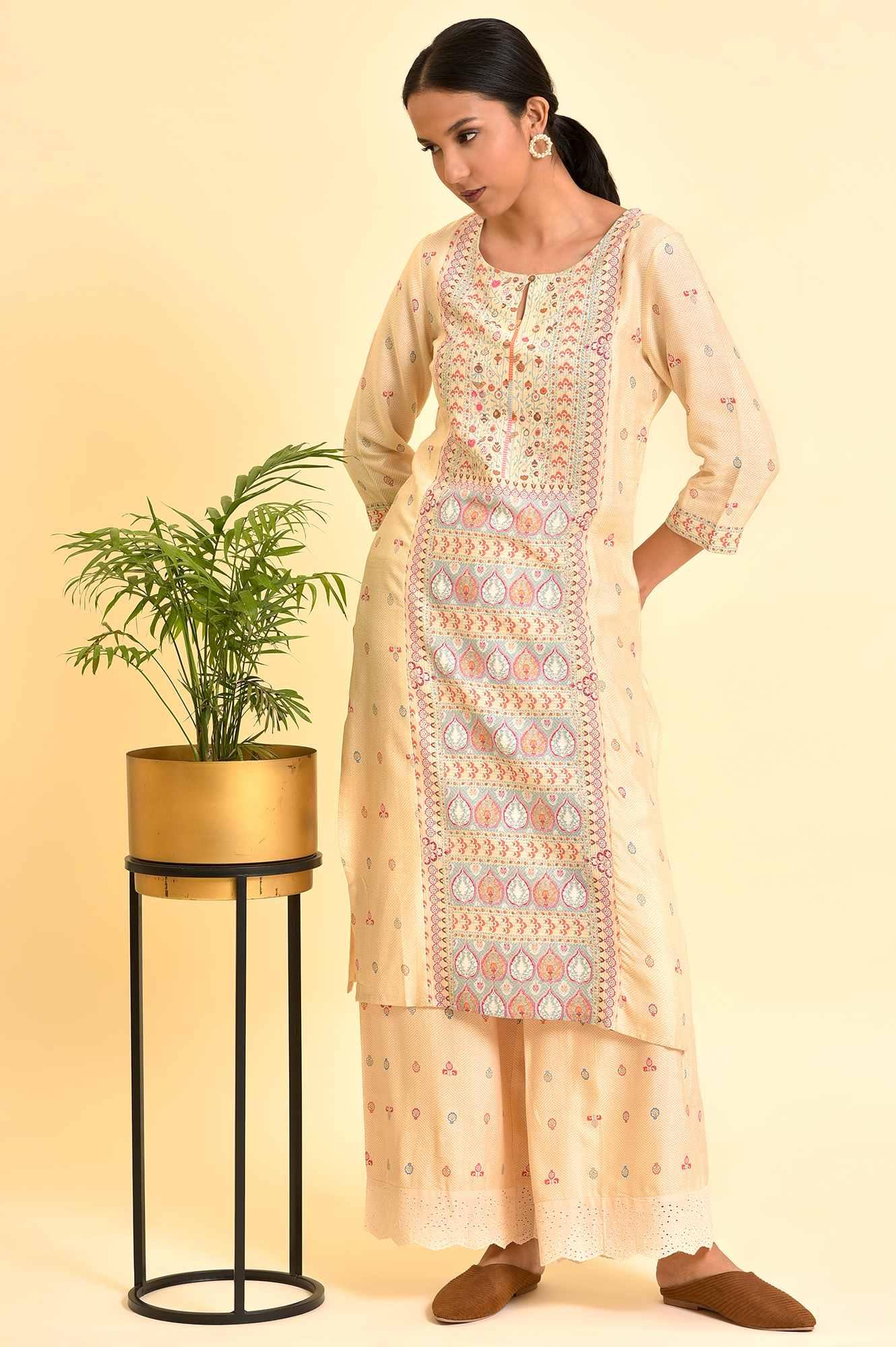 Ecru Printed Panelled Kurta And Parallel Pants Set - wforwoman