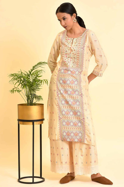 Ecru Printed Panelled Kurta And Parallel Pants Set - wforwoman