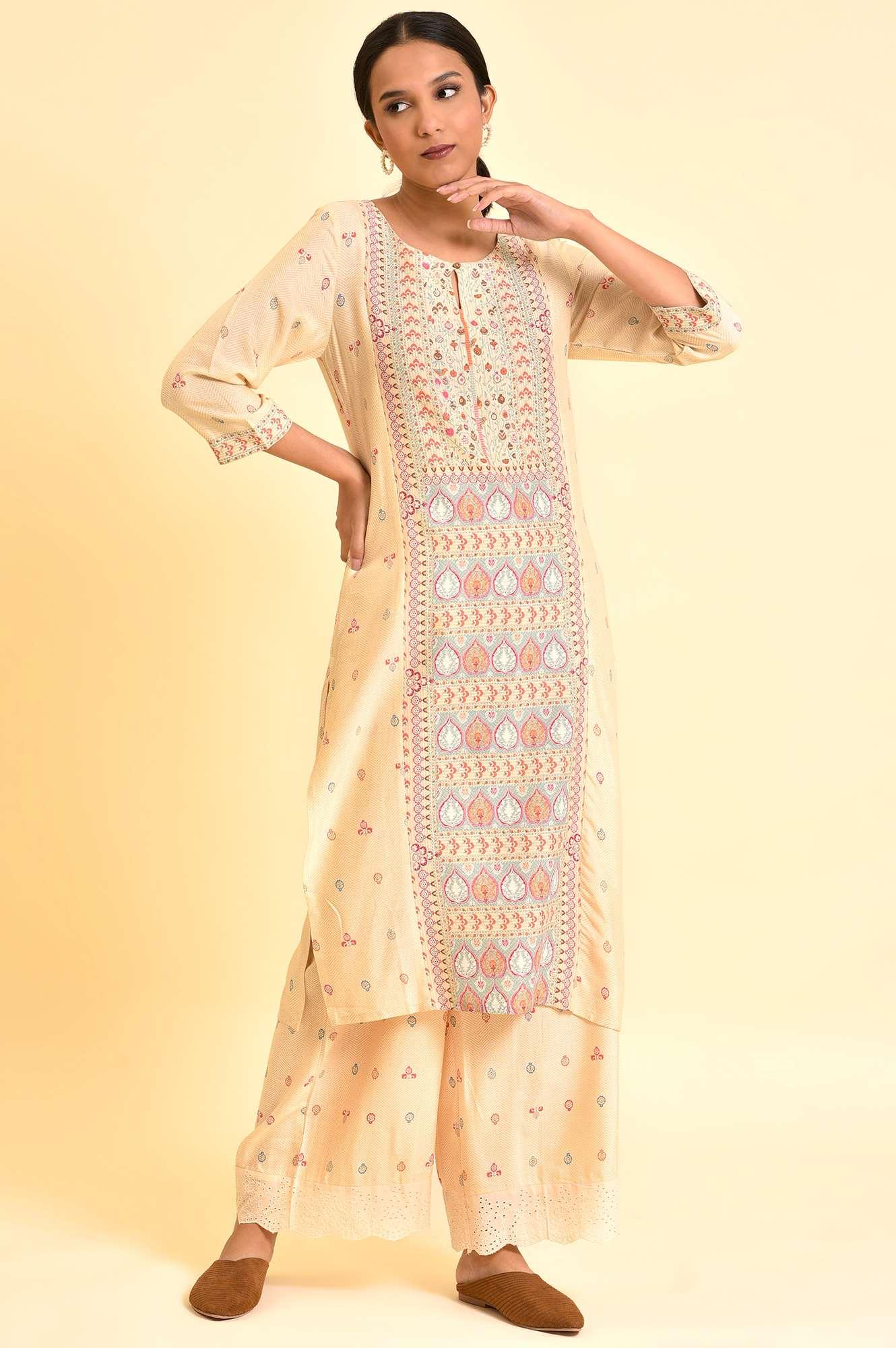 Ecru Printed Panelled Kurta And Parallel Pants Set - wforwoman