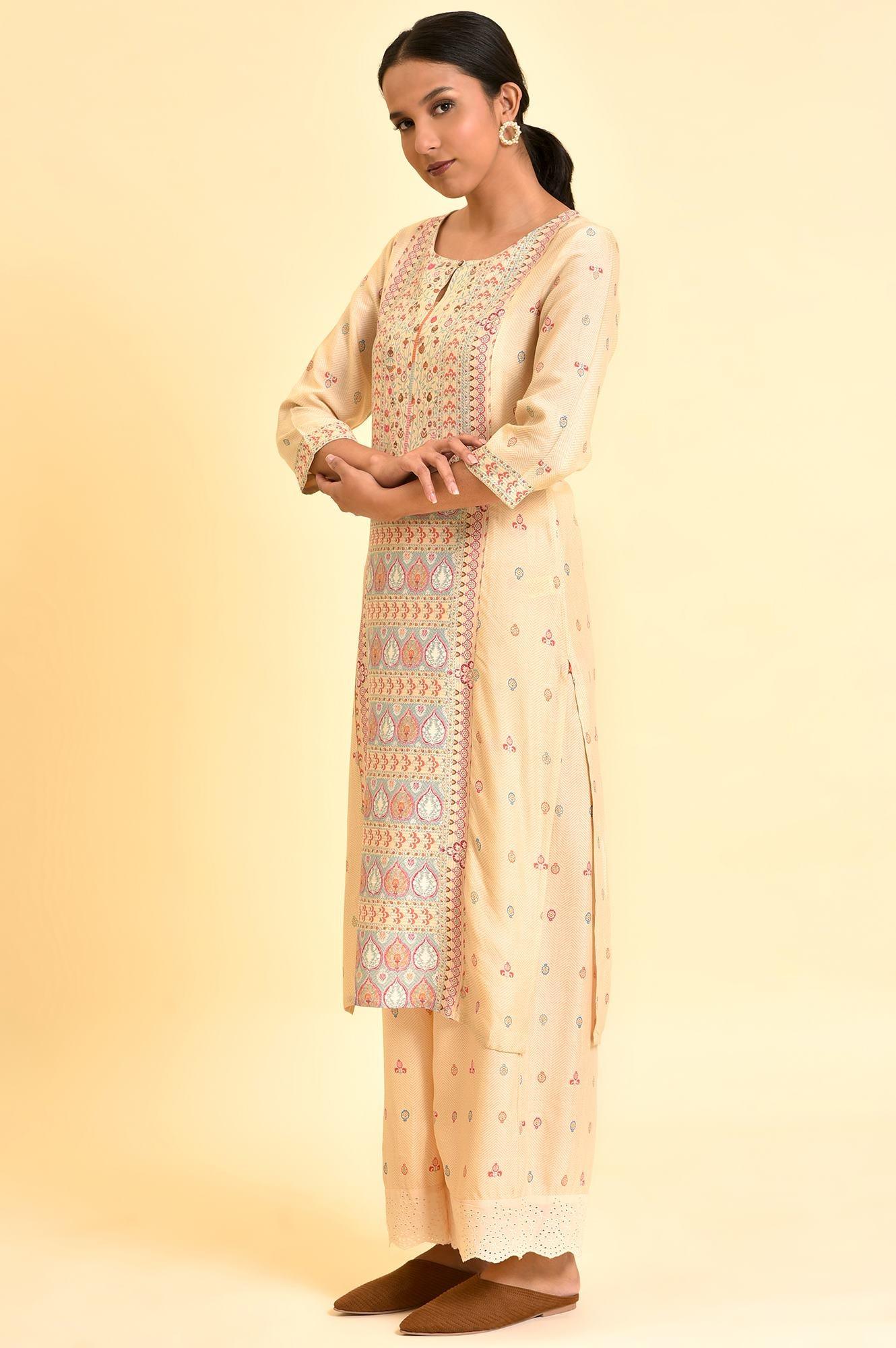 Ecru Printed Panelled Kurta And Parallel Pants Set - wforwoman