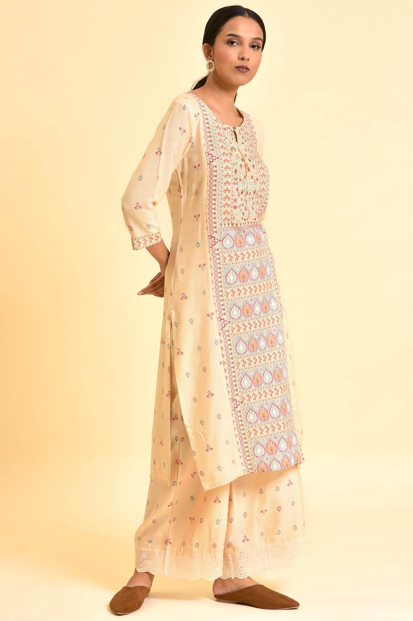 Ecru Printed Panelled Kurta And Parallel Pants Set - wforwoman