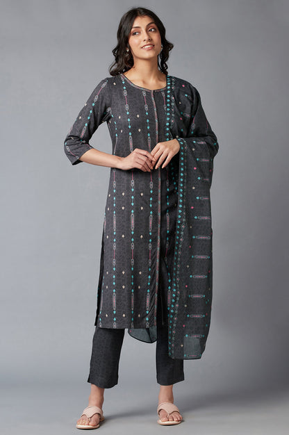 Grey Printed kurta With Slim Pants And Dupatta