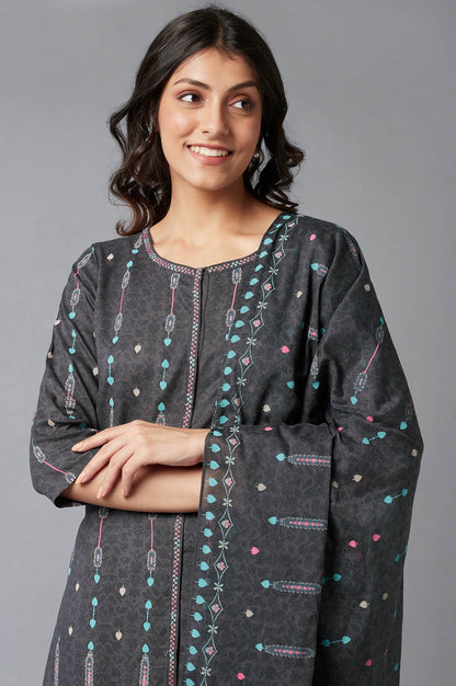 Grey Printed kurta With Slim Pants And Dupatta