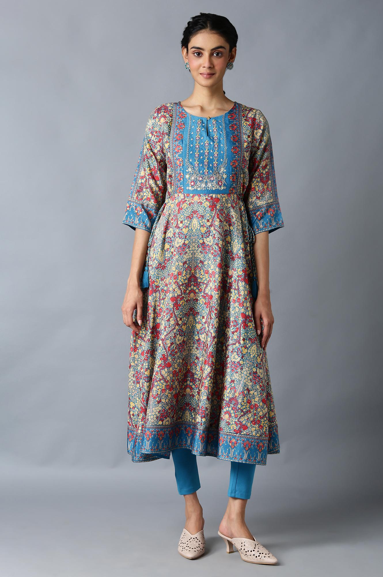 Dark Teal Embroidered kurta With Tights