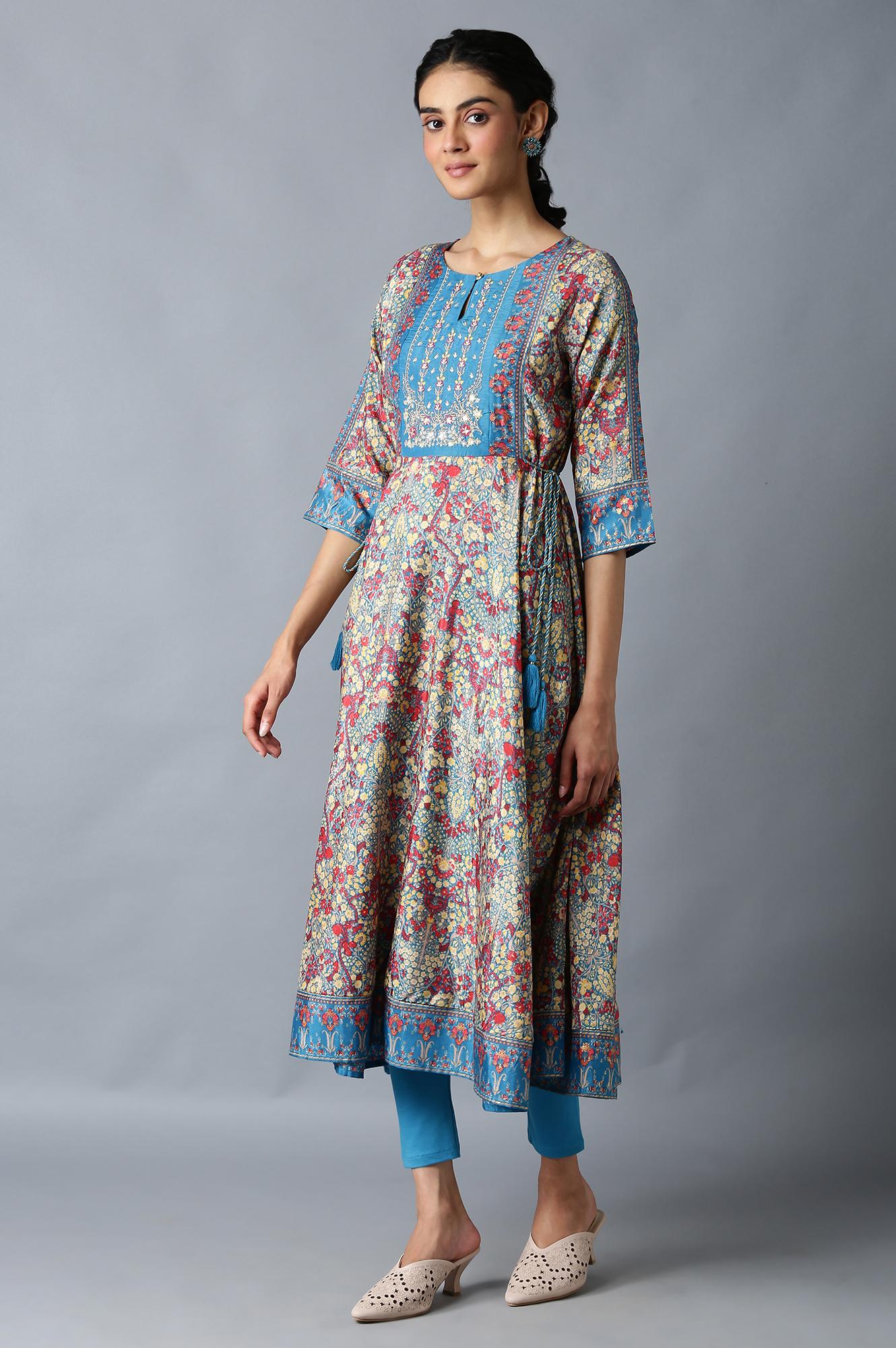 Dark Teal Embroidered kurta With Tights