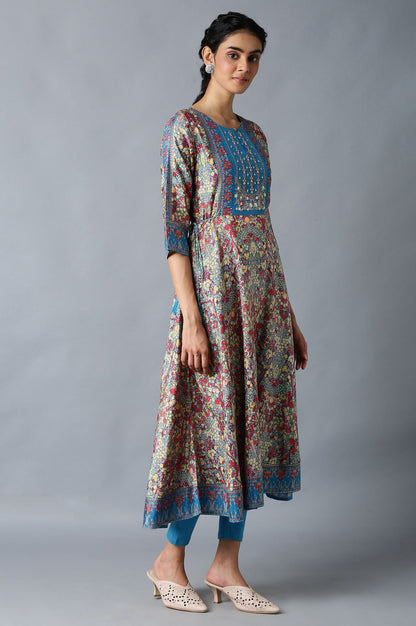 Dark Teal Embroidered kurta With Tights