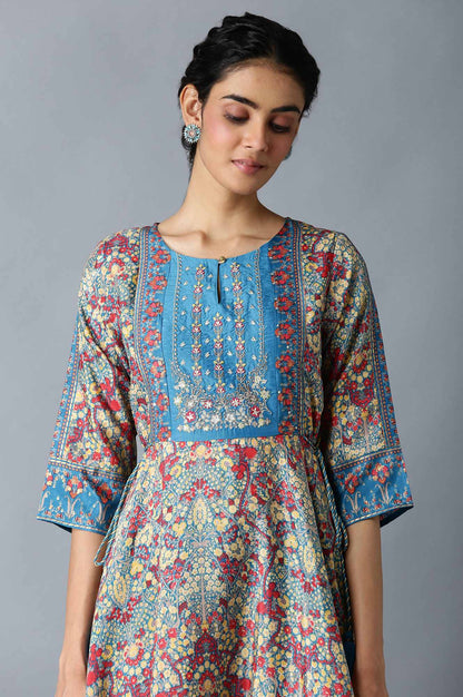 Dark Teal Embroidered kurta With Tights