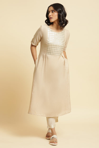 Almond Beige Sequin A-Line Kurta &amp; Pants Set