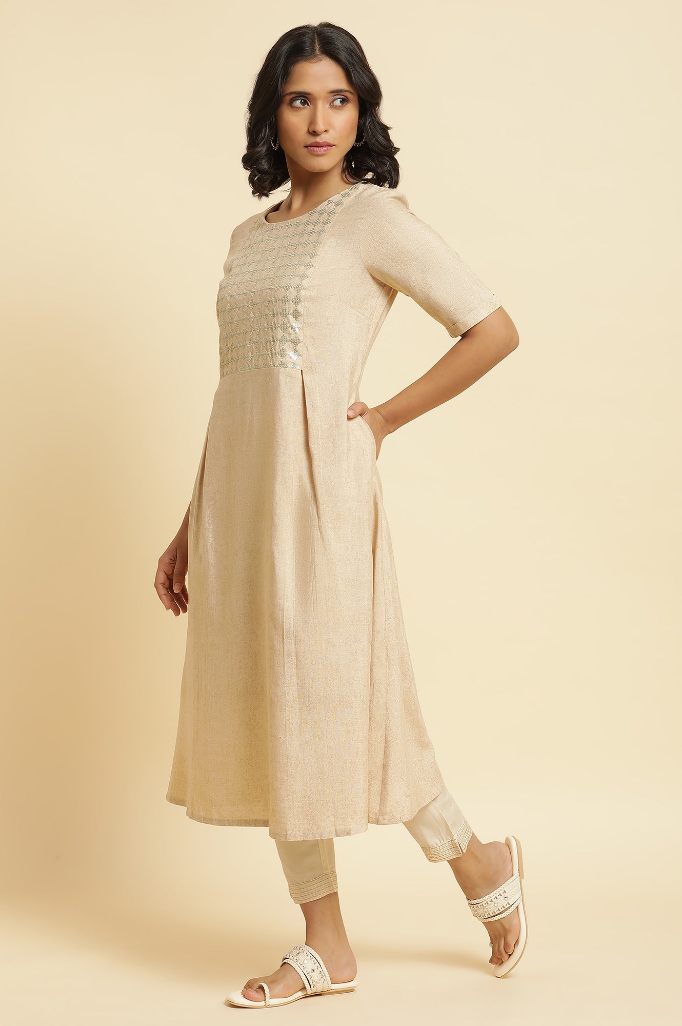 Almond Beige Sequin A-Line Kurta &amp; Pants Set