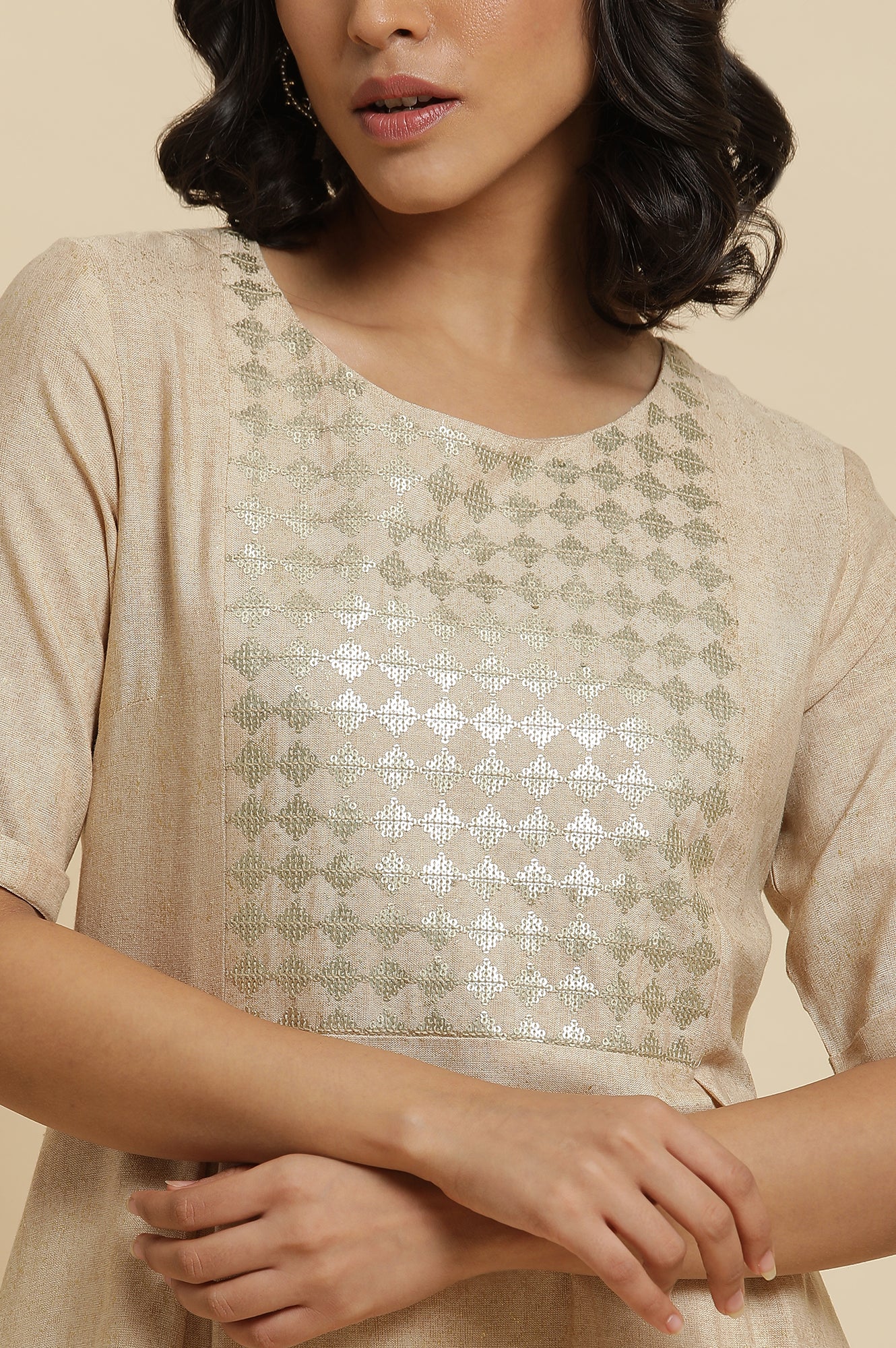 Almond Beige Sequin A-Line Kurta &amp; Pants Set