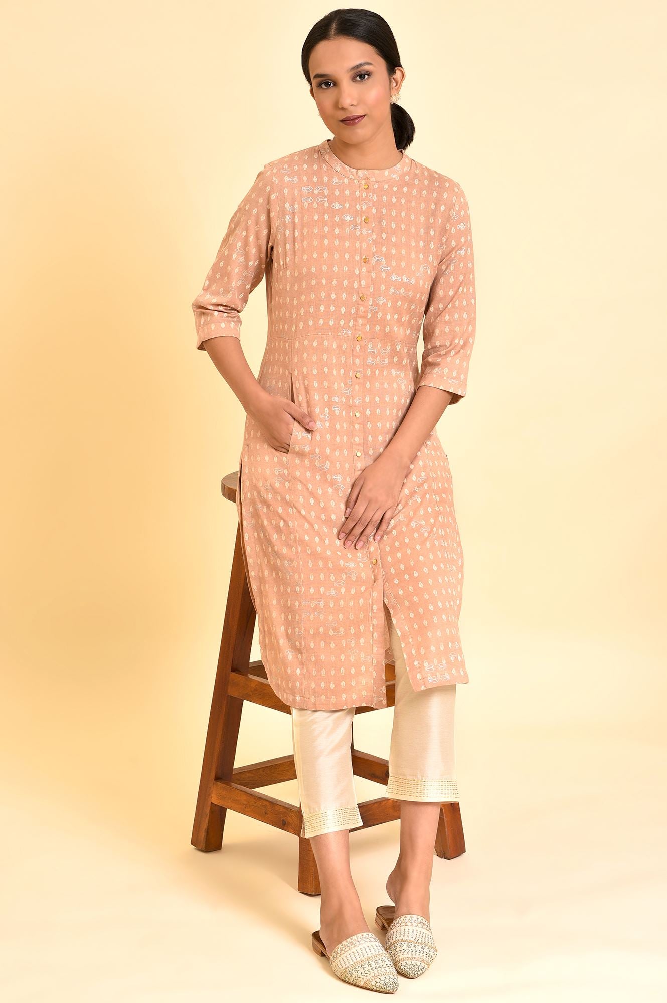 Rosedust Pink Printed Mandarin Collar Cotton Flax Kurta And Slim Pants Set - wforwoman