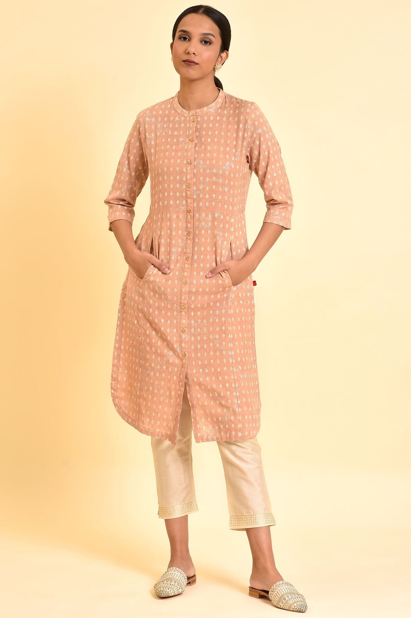 Rosedust Pink Printed Mandarin Collar Cotton Flax Kurta And Slim Pants Set - wforwoman