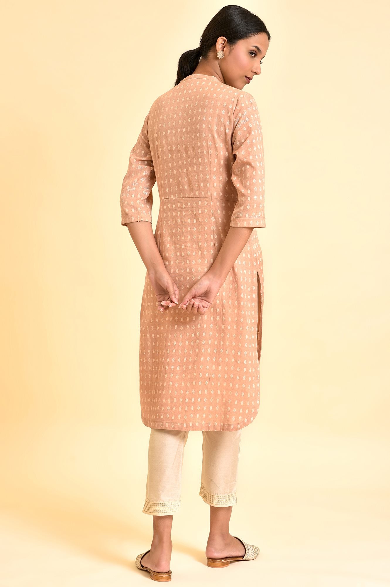 Rosedust Pink Printed Mandarin Collar Cotton Flax Kurta And Slim Pants Set - wforwoman